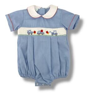 Edgehill Collection Apple Truck Tractor Embroidered Smocked Bubble Romper Sz 9 M